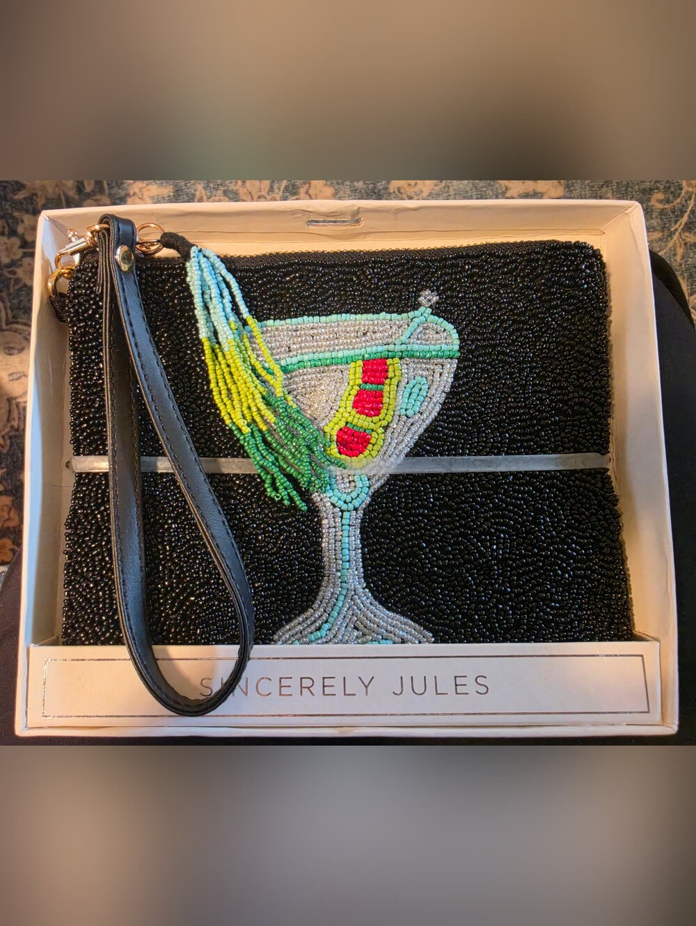 Sincerely Jules Black Martini Glass  Beaded Wristlet